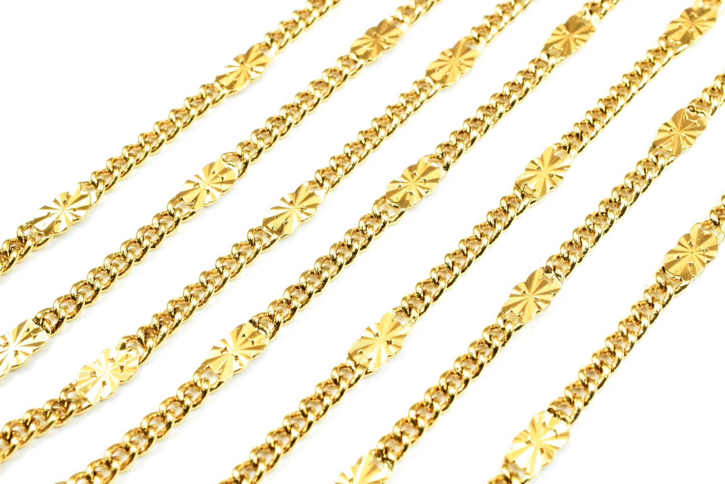 Bar Chain Electroplated Gold Cable Chain: 4mm Beaded Design, Tarnish Resistant | 18K Gold, Skin Friendly | Sold by Foot