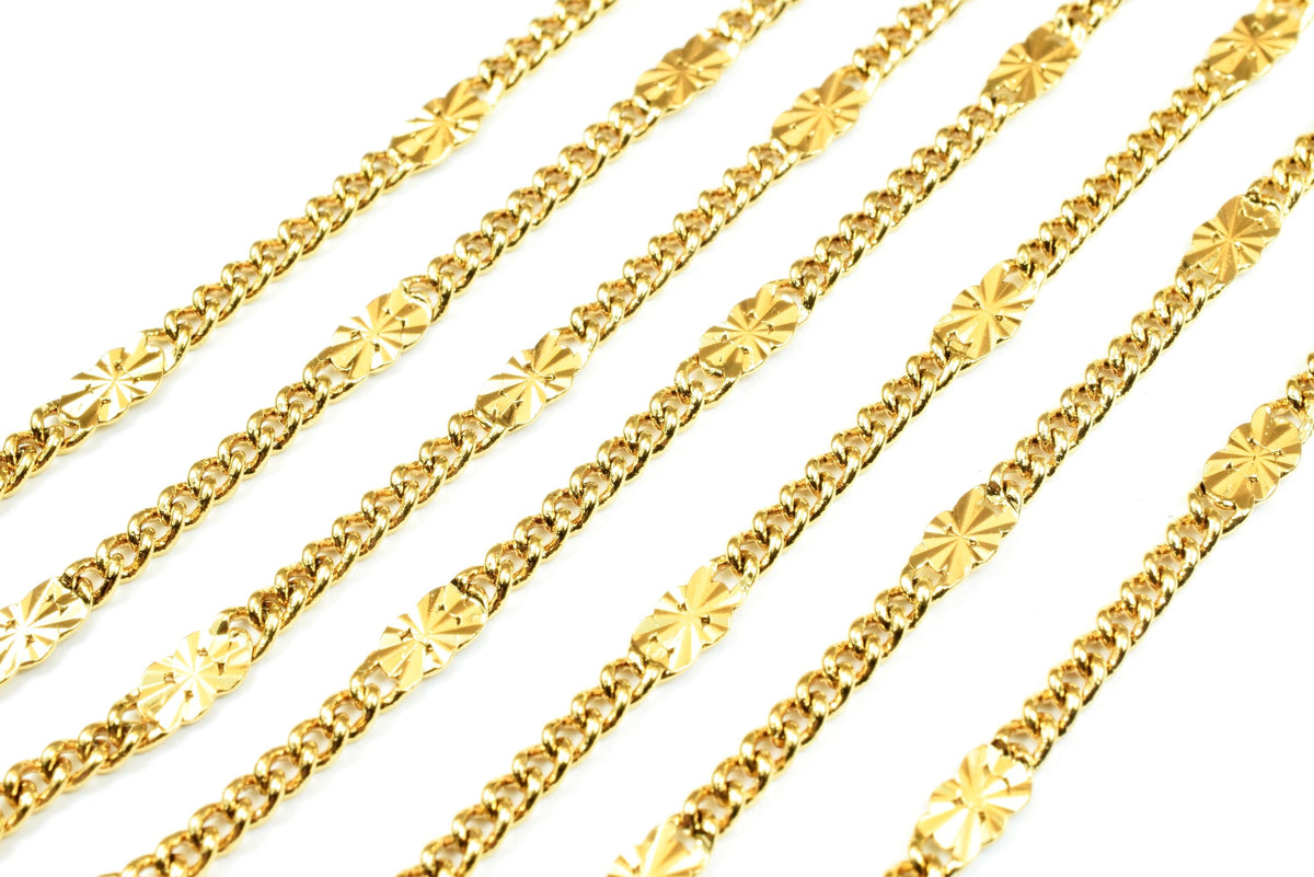 Bar Chain Electroplated Gold Cable Chain: 4mm Beaded Design, Tarnish Resistant | 18K Gold, Skin Friendly | Sold by Foot