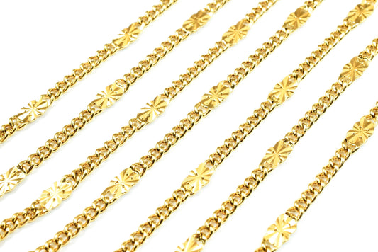Bar Chain Electroplated Gold Cable Chain: 4mm Beaded Design, Tarnish Resistant | 18K Gold, Skin Friendly | Sold by Foot