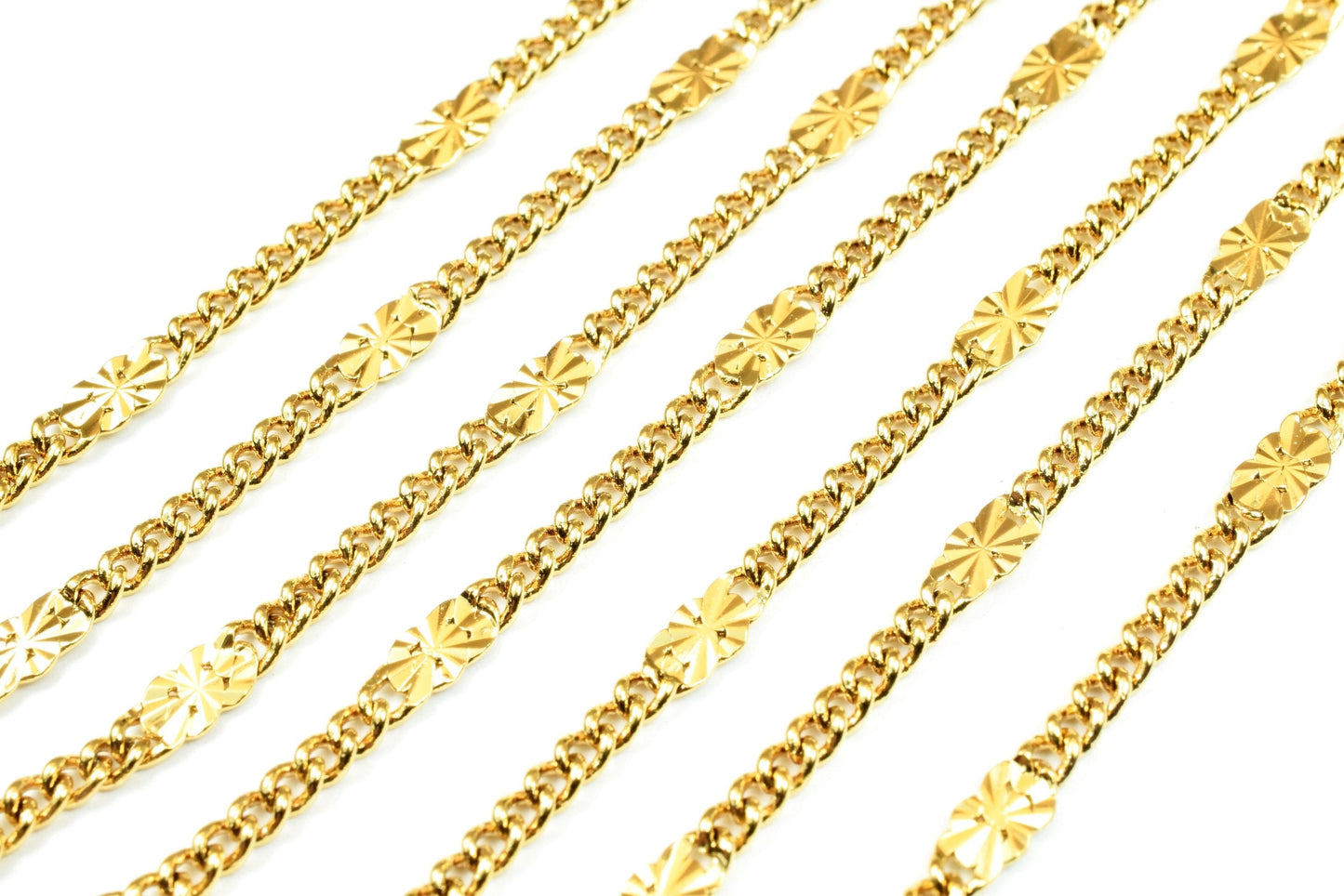 Bar chain with 4mm beaded design, electroplated 18K gold cable chain, sold by the foot, tarnish resistant