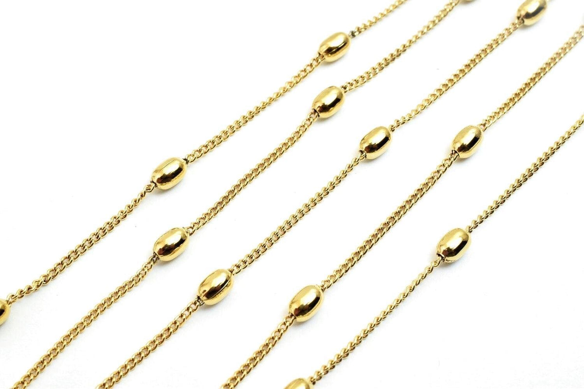 18K Gold Chain Curb With Oval Bead: Electroplated Jewelry Supply