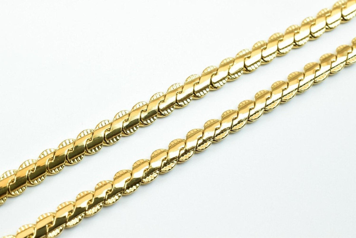 A close-up image of a gold chain necklace with a repeating pattern of interlocking links.