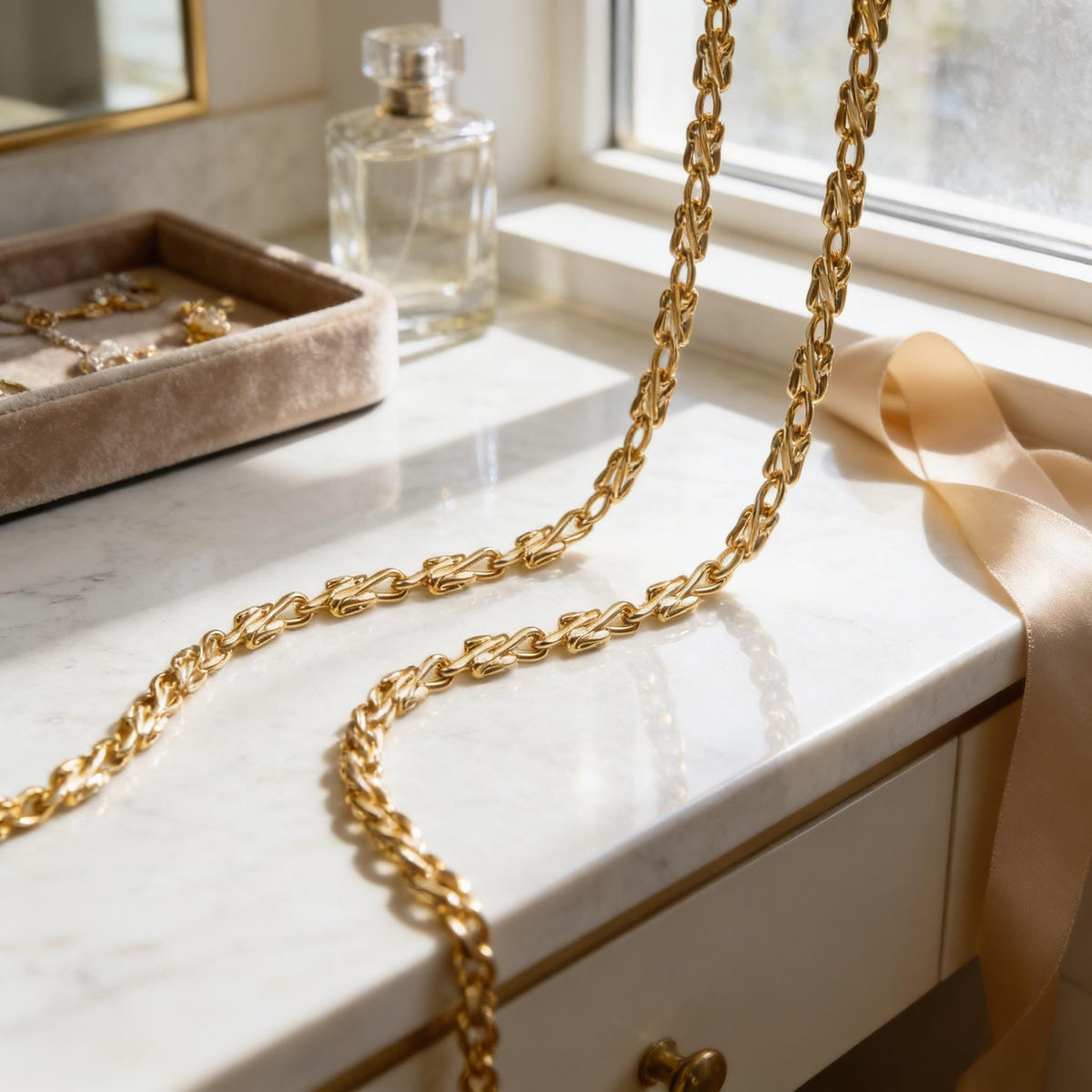 a vanity with a long gold chain necklace draped over it, along with a small perfume bottle and a ribbon.