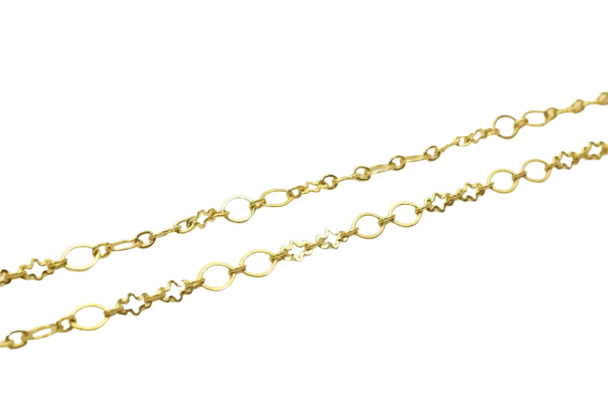 a close-up view of a gold-colored chain with a repeating pattern of circular links and star-shaped embellishments.