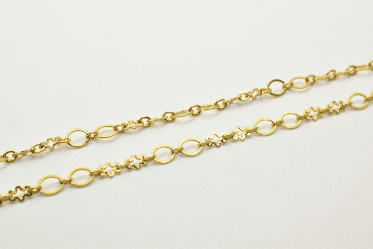 a close-up view of a gold chain with a floral design on it.