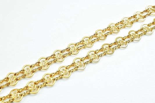 A close-up image of a gold chain with a repeating pattern of interlocking links.