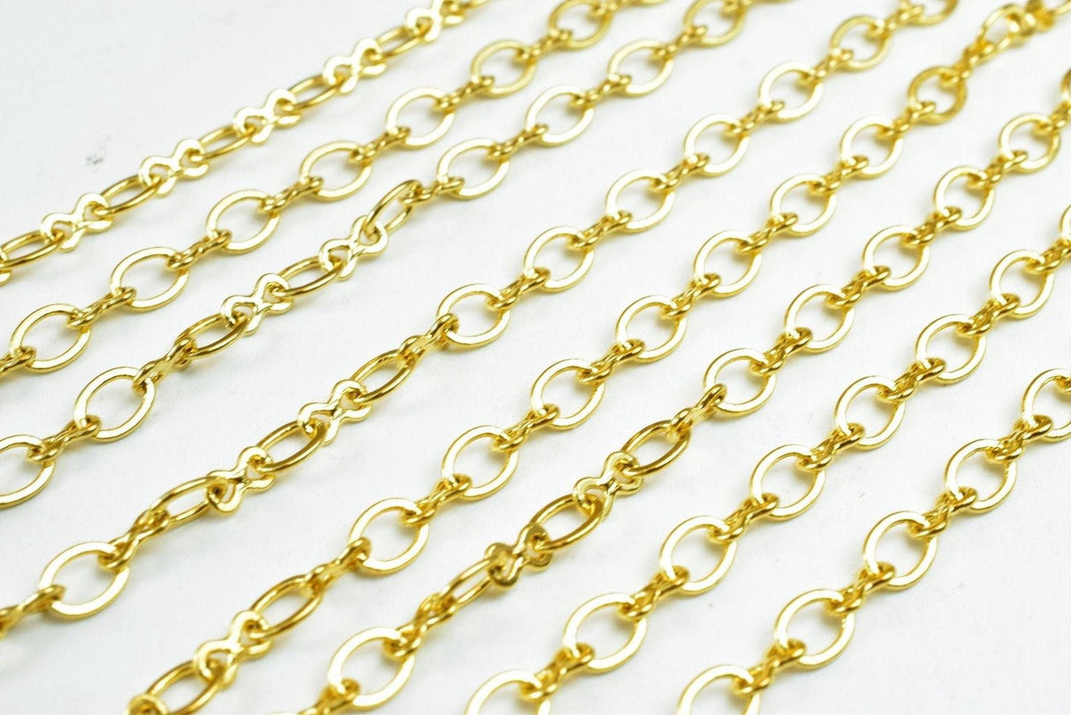 A close-up image of several gold-colored metal chains arranged in a repeating pattern.