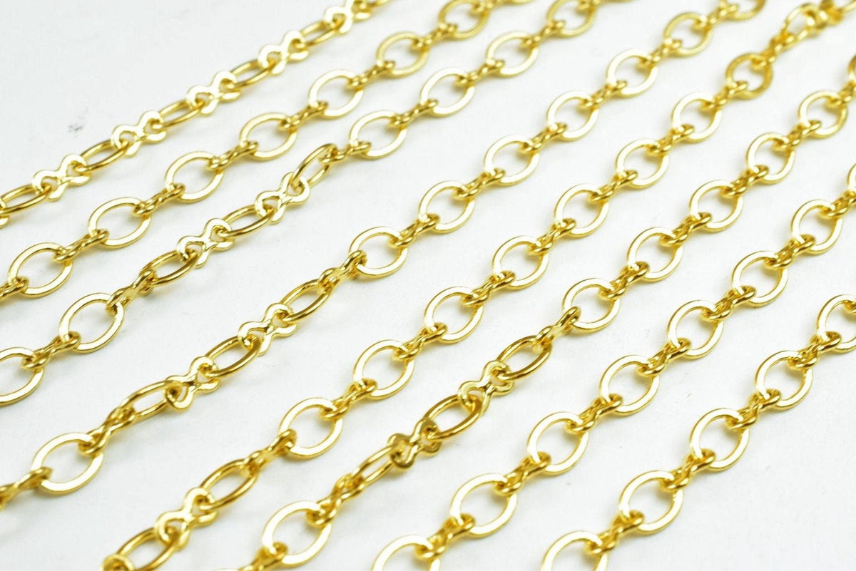 A close-up image of several gold-colored metal chains arranged in a repeating pattern.