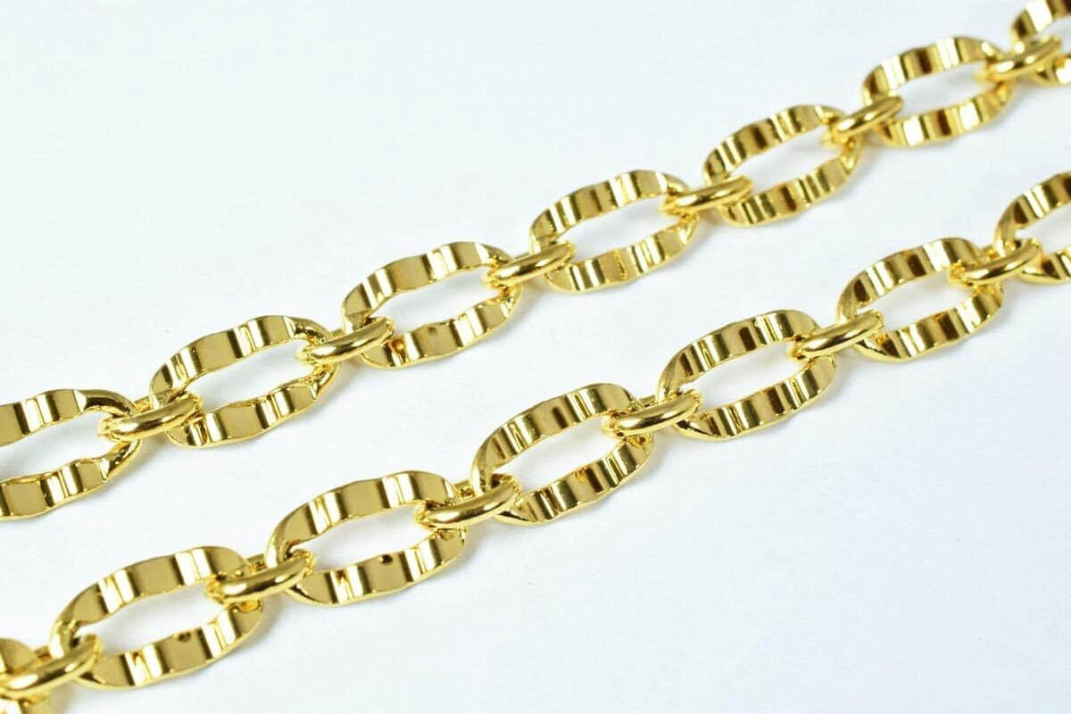 a close-up view of a gold chain with multiple links, arranged in a repeating pattern.