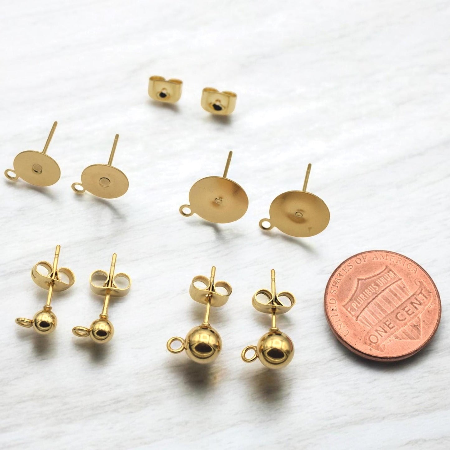 Gold Stainless Steel Stud Earring Posts Flat Pad with Loop & Ball Stud Findings Hypoallergenic Jewelry Making Supplies