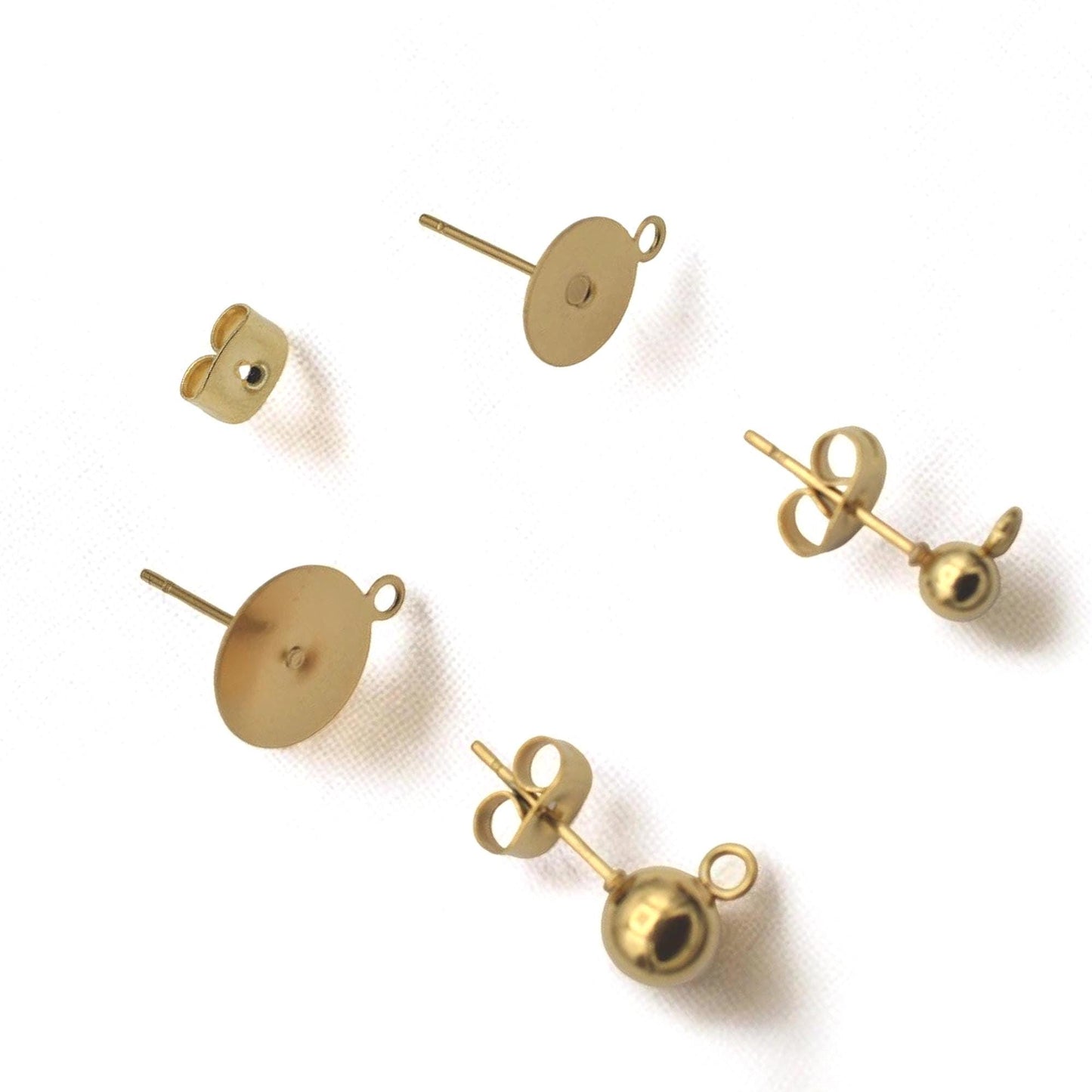 Gold Stainless Steel Stud Earring Posts Flat Pad with Loop & Ball Stud Findings Hypoallergenic Jewelry Making Supplies
