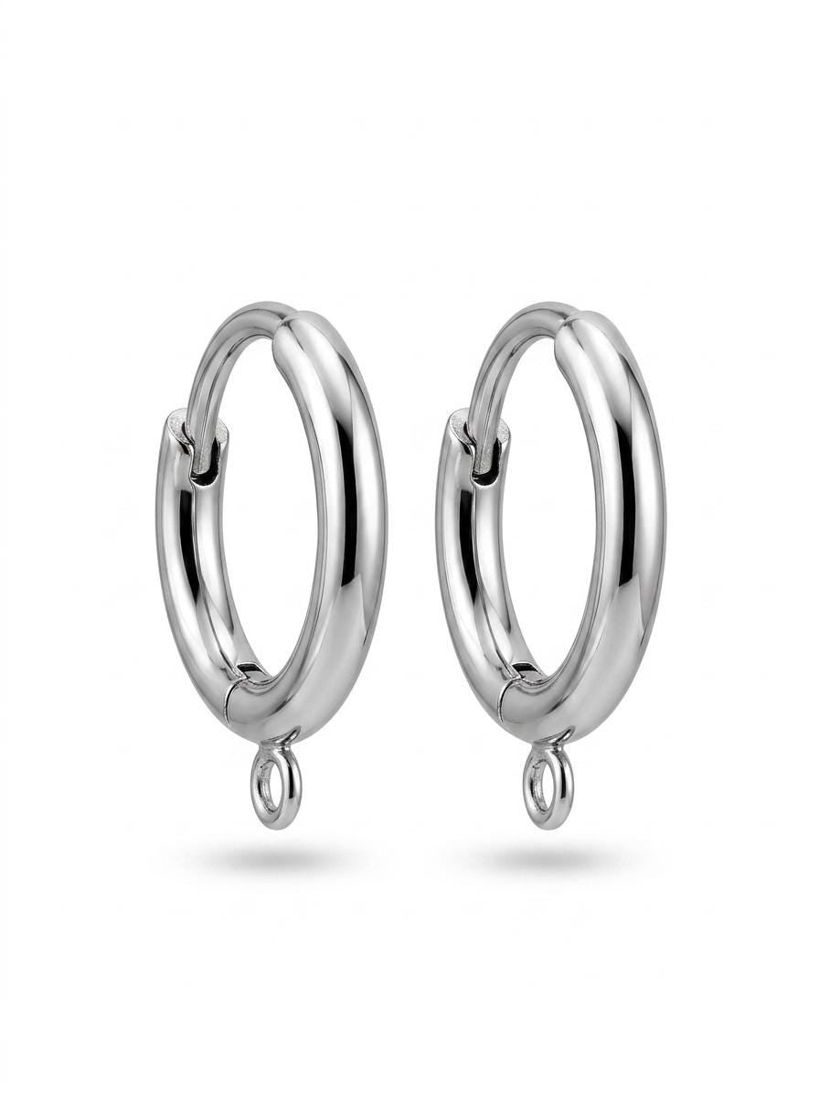 A pair of 17x15mm hypoallergenic silver stainless steel hoop earrings with a 3mm loop, showing dimensions for earring making.