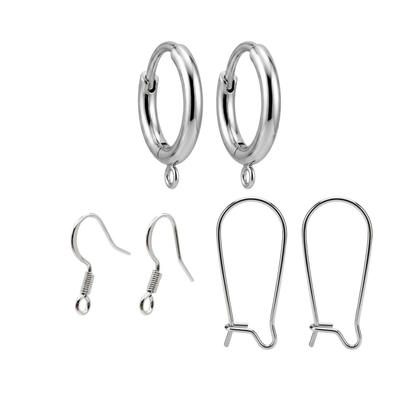 Three pairs of hypoallergenic silver stainless steel hoop huggie earrings with small attachment loops, displayed neatly on a white background.