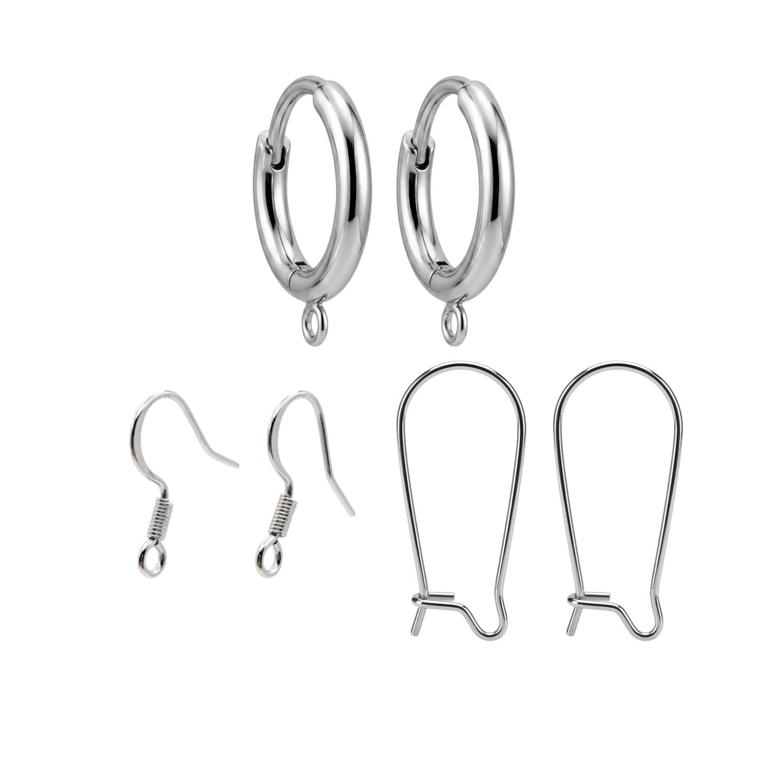 Three pairs of hypoallergenic silver stainless steel hoop huggie earrings with small attachment loops, displayed neatly on a white background.