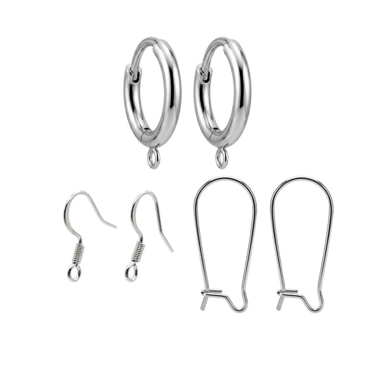 Three pairs of hypoallergenic silver stainless steel hoop huggie earrings with small attachment loops, displayed neatly on a white background.