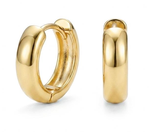 Polished 18k gold-filled round hoop earrings with a medium width and a secure lever-back click closure.