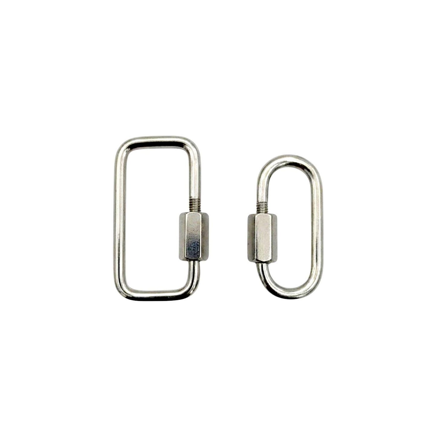 A close-up of a model using the heavy-duty stainless steel carabiner lock clasp to attach a metal wallet chain to belt loops.