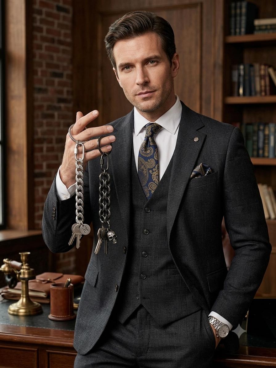 A model wearing a dark suit jacket accessorized with a stylish silver chain and a rectangle stainless steel screw lock connector.