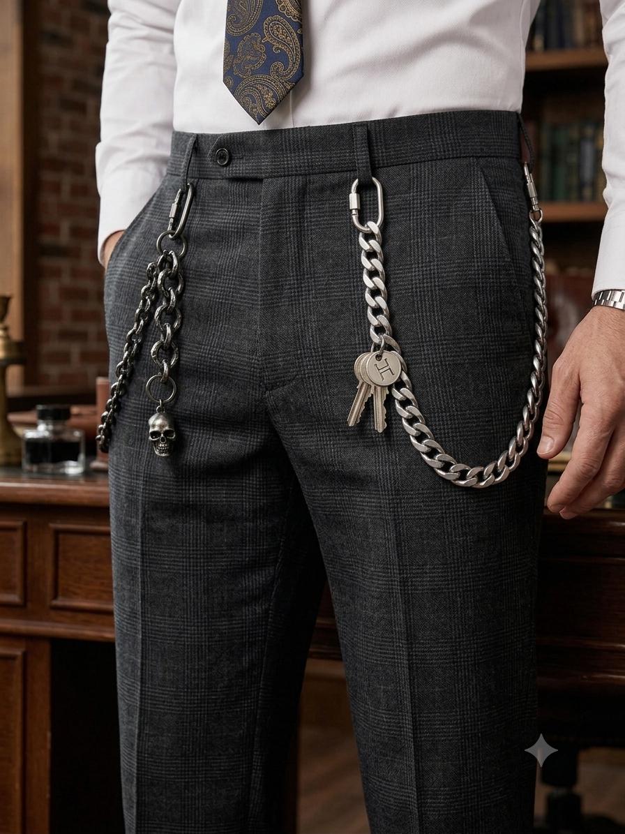 A lifestyle preview showing how the stainless steel chain locks can be styled dynamically on clothing and accessories