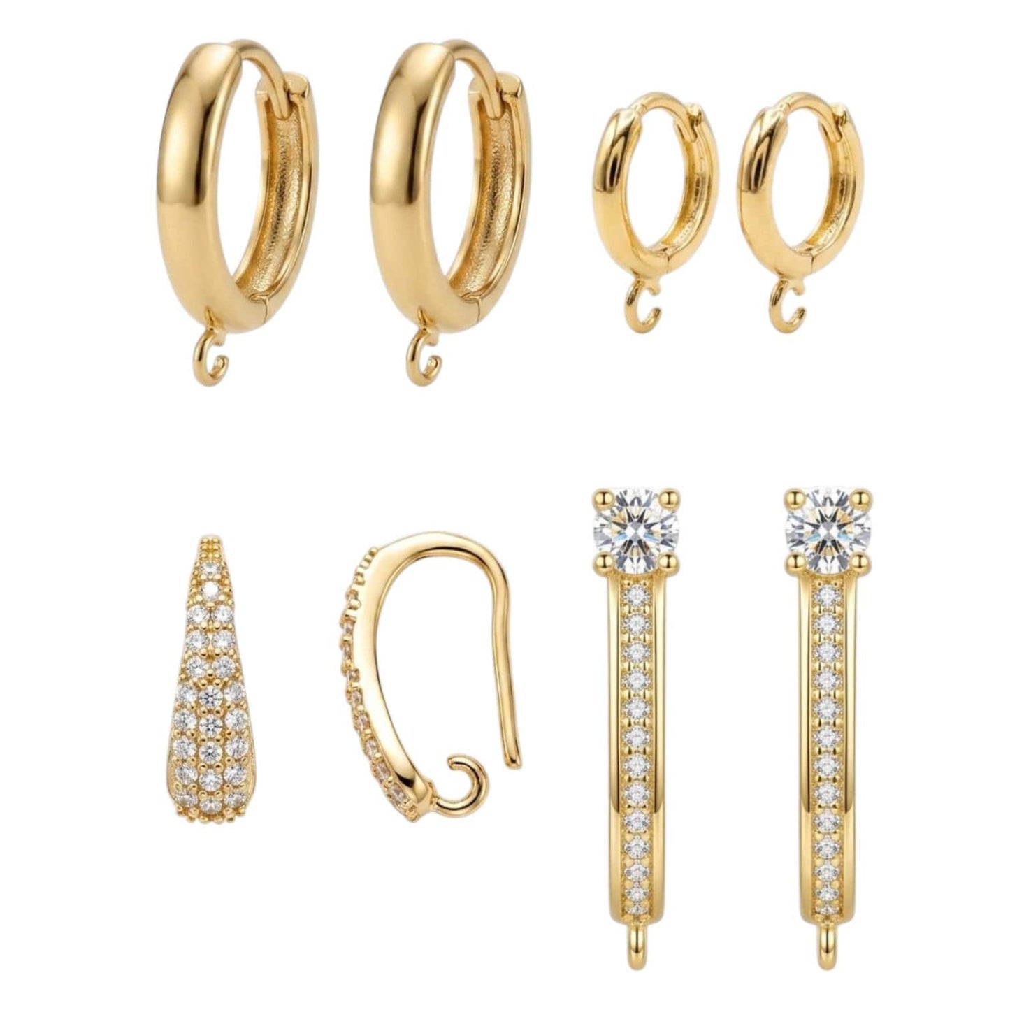 A collection of five different 18k gold-filled hoop earring findings with bottom loops, including round, U-shaped, and twisted styles on a white background.