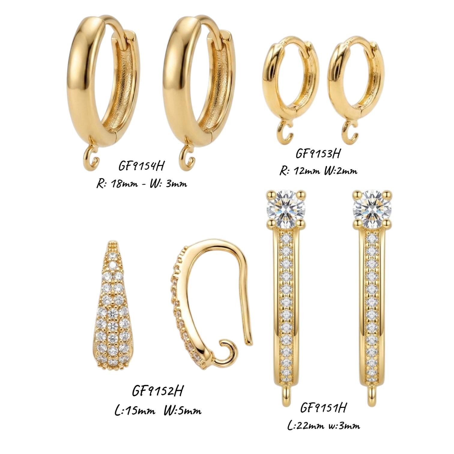 Four styles of gold-tone huggie hoops and one lever-back ear hook arranged neatly, showing the uniform polished finish.