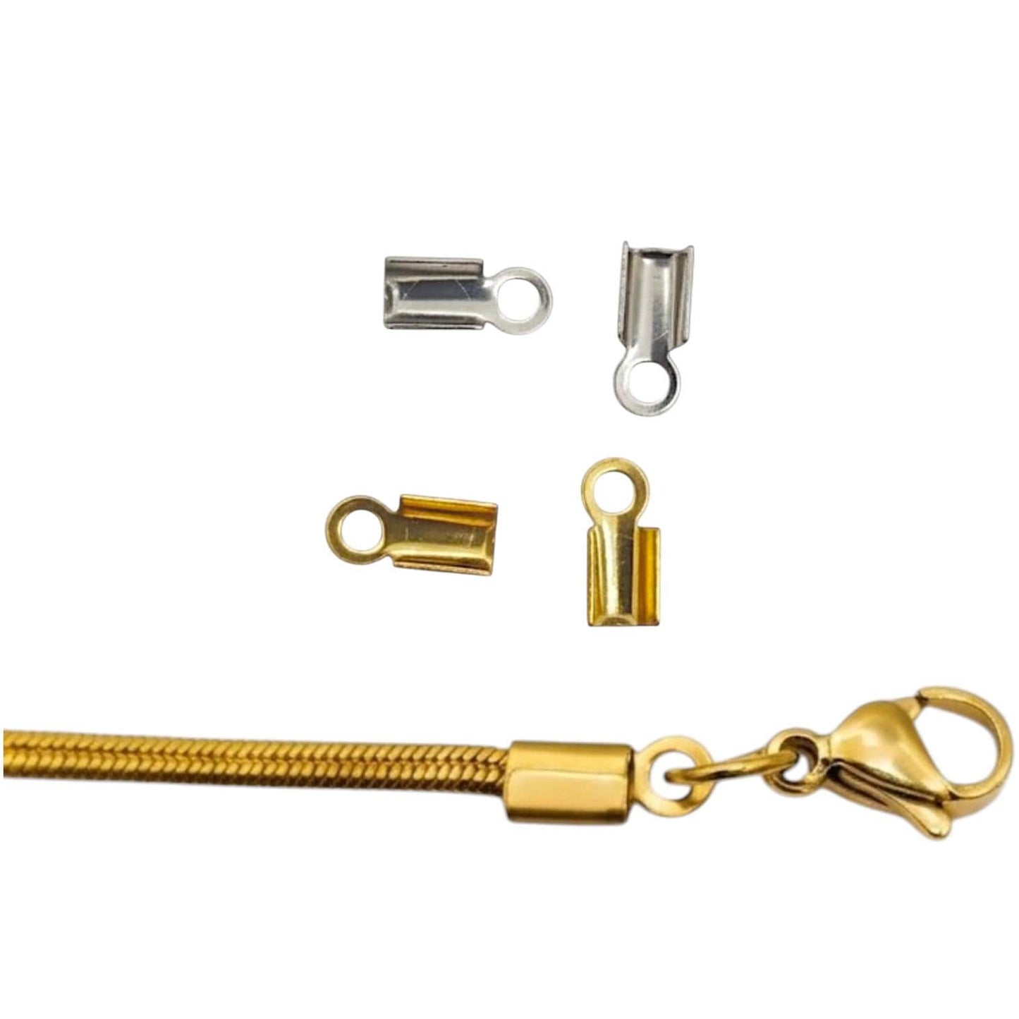 A collection of 12 gold and silver stainless steel crimp end caps arranged neatly, illustrating the package contents for jewelry making supplies.