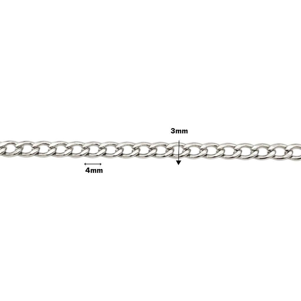 A top-down view of the 3mm stainless steel curb chain laid flat next to a clear ruler showing the precise 3mm link width.