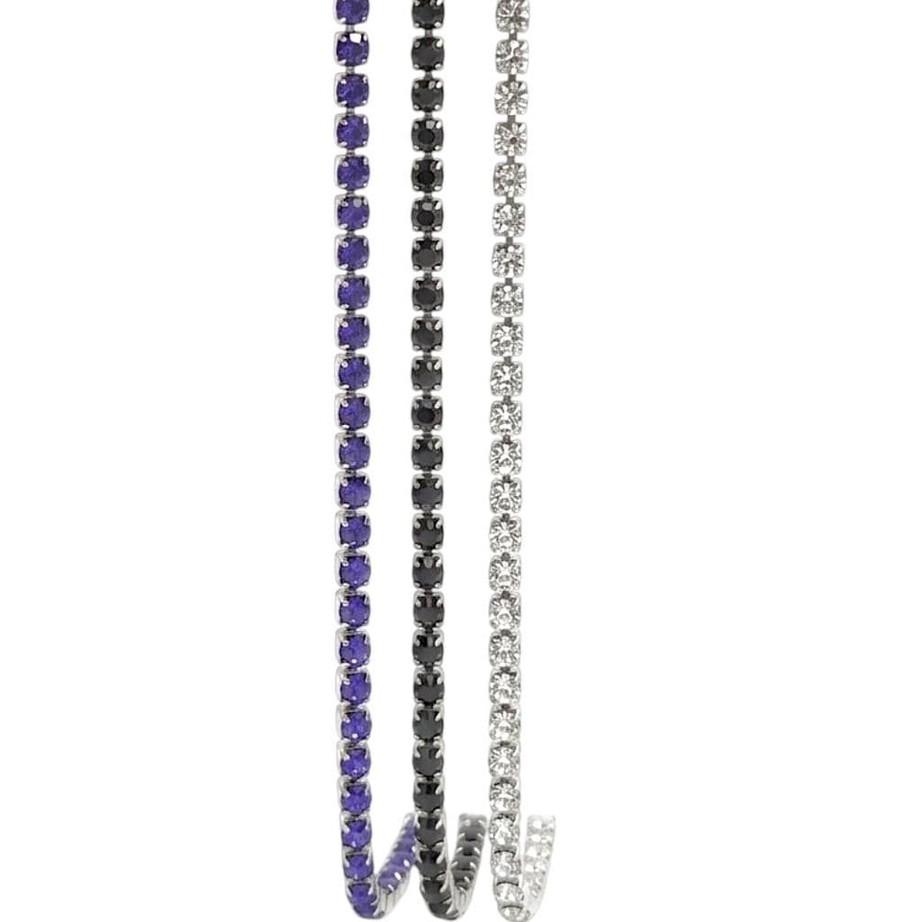 Stainless steel crystal rhinestone chain in Royal blue, black, and clear colors.