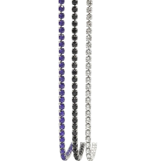 Stainless steel crystal rhinestone chain in Royal blue, black, and clear colors.