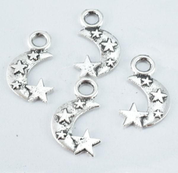 19m Antique Silver Moon Stars Pendant Charm Black accent detailed coloring 3mm Closed loop 25pcs/PK 1mm thickness