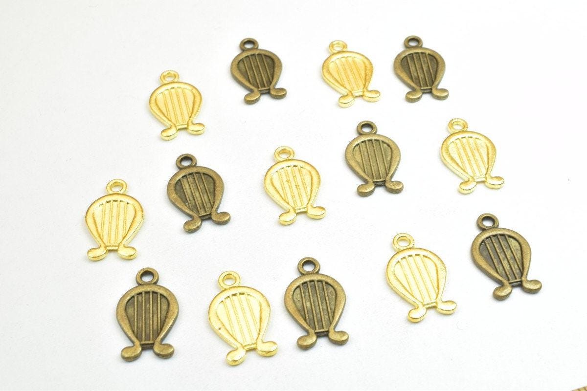14PCs Harp Musical Instruments Charm Pendants Bronze/Gold/Silver Beads Base Metal Alloy Size 18x11mm Jump Ring Size 2mm For Jewelry Making