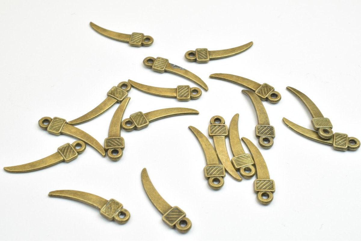 19 PCs Sword Charm Pendant Bead Bronze/Gold Size 19x5mm Decorative Design Metal Beads 1mm JumpRing Opening for Jewelry Making