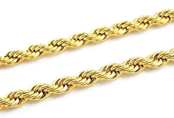 A close-up image of a gold rope chain with a twisted, braided pattern.