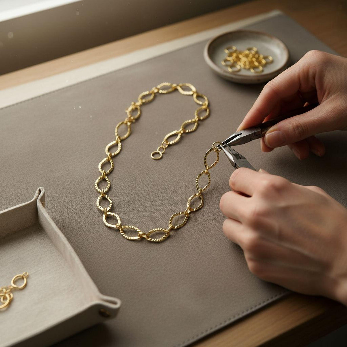 A person's hands are carefully crafting a gold necklace on a gray work surface, with a small bowl of gold jewelry pieces nearby.