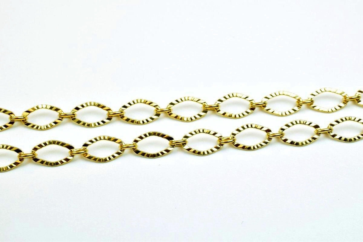 A gold-colored chain with a repeating pattern of interlocking rings or circles.