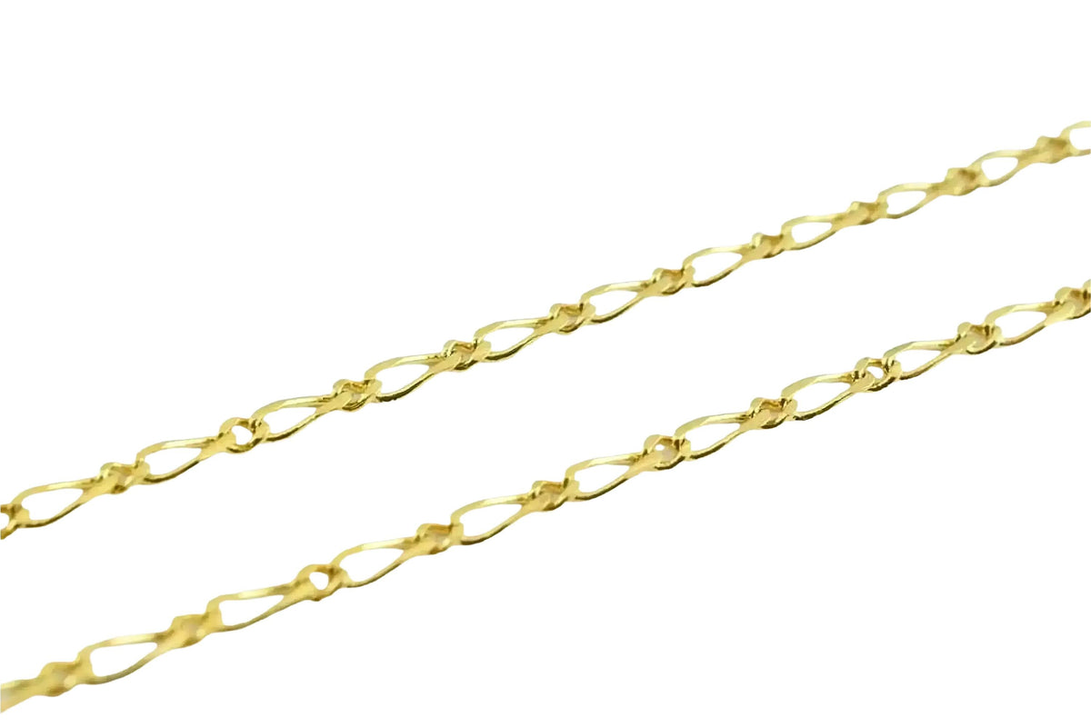 A close-up image of a gold chain with a repeating pattern of interlocking links.