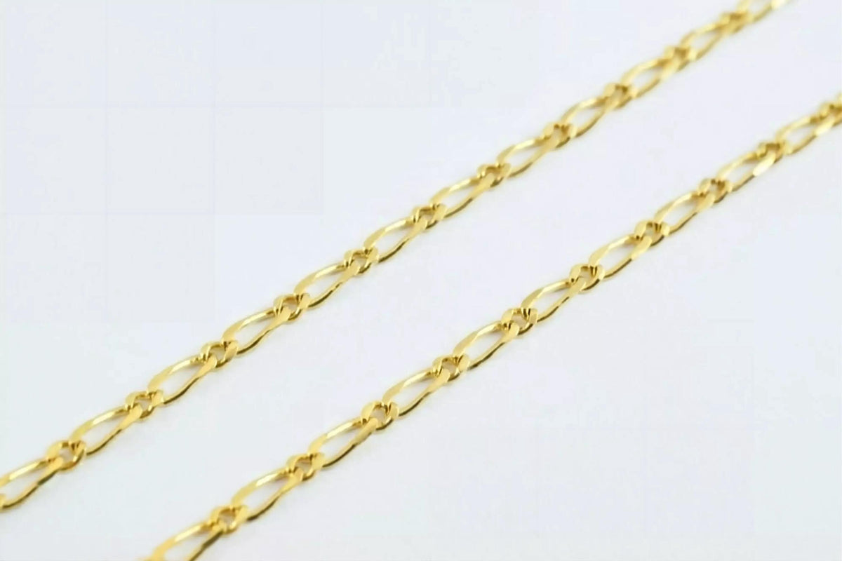 A close-up image of a gold chain necklace with a series of interlocking links.