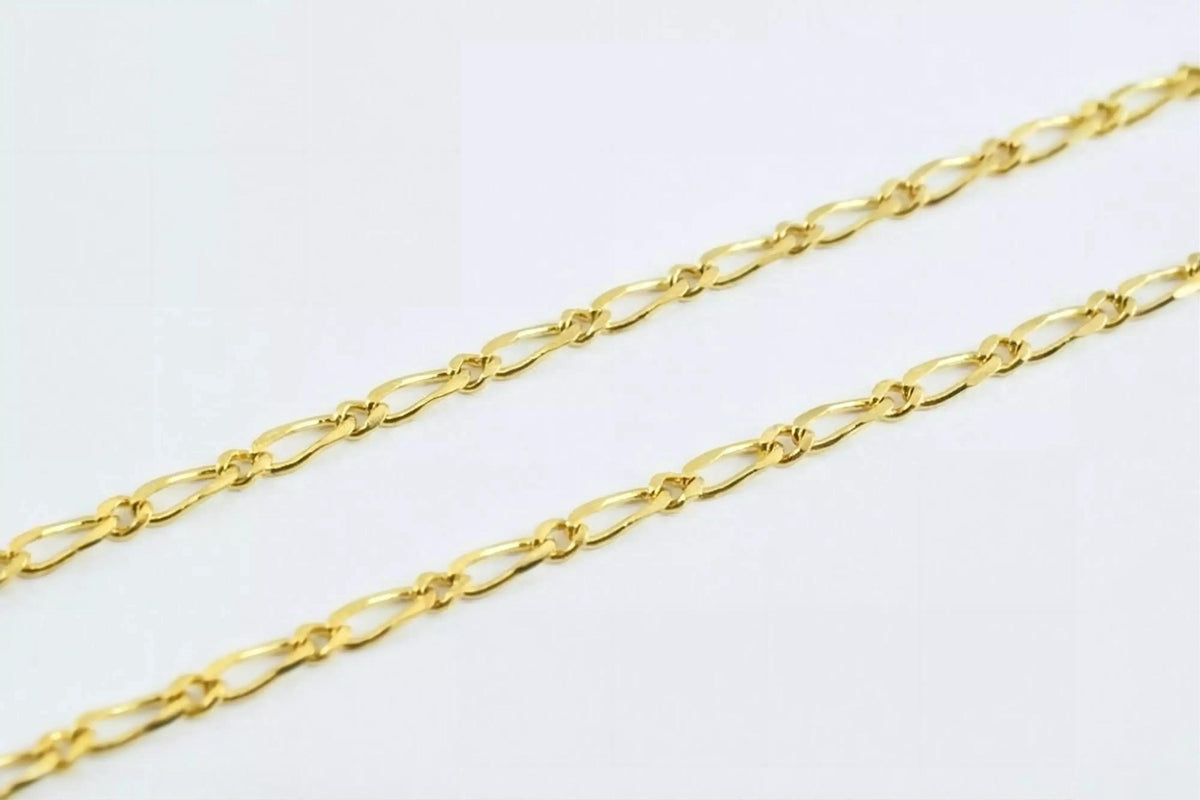 A close-up image of a gold chain necklace with a series of interlocking links.