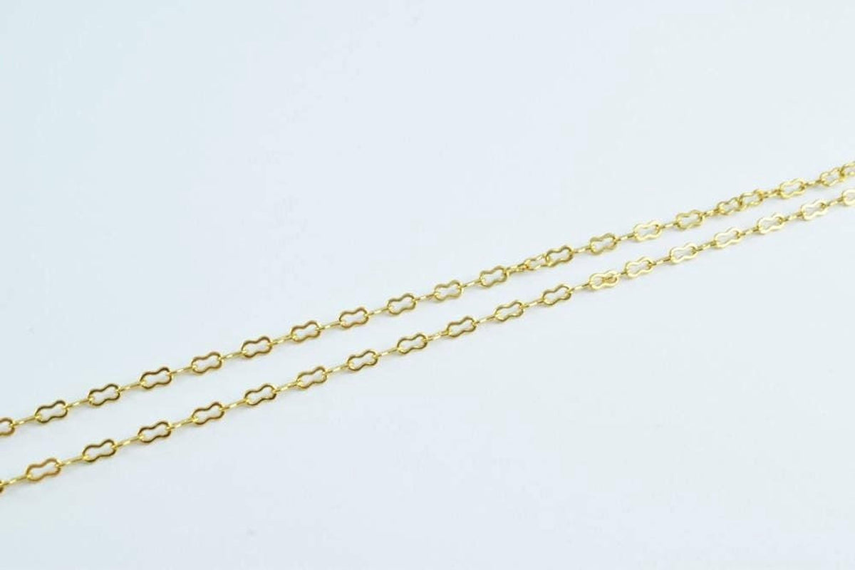 A gold chain necklace with multiple links of the same design.