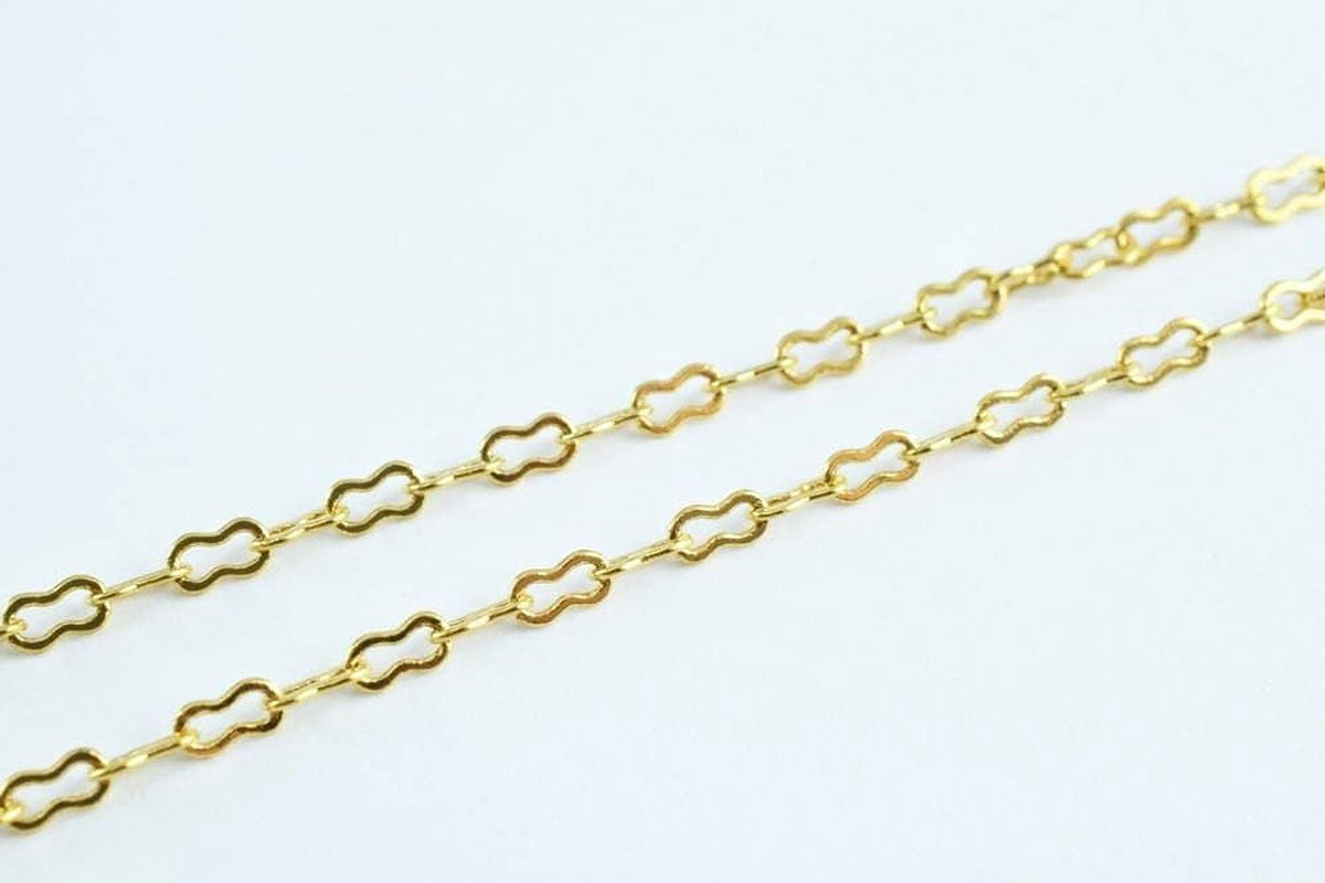 A close-up image of a gold chain with a repeating pattern of interlocking links.