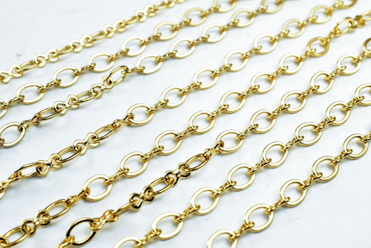 A close-up image of several gold-colored metal chains arranged in a repeating pattern.