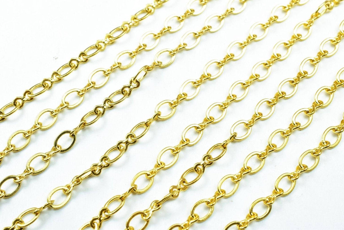 A close-up view of several gold-colored metal chains arranged in a diagonal pattern against a white background.