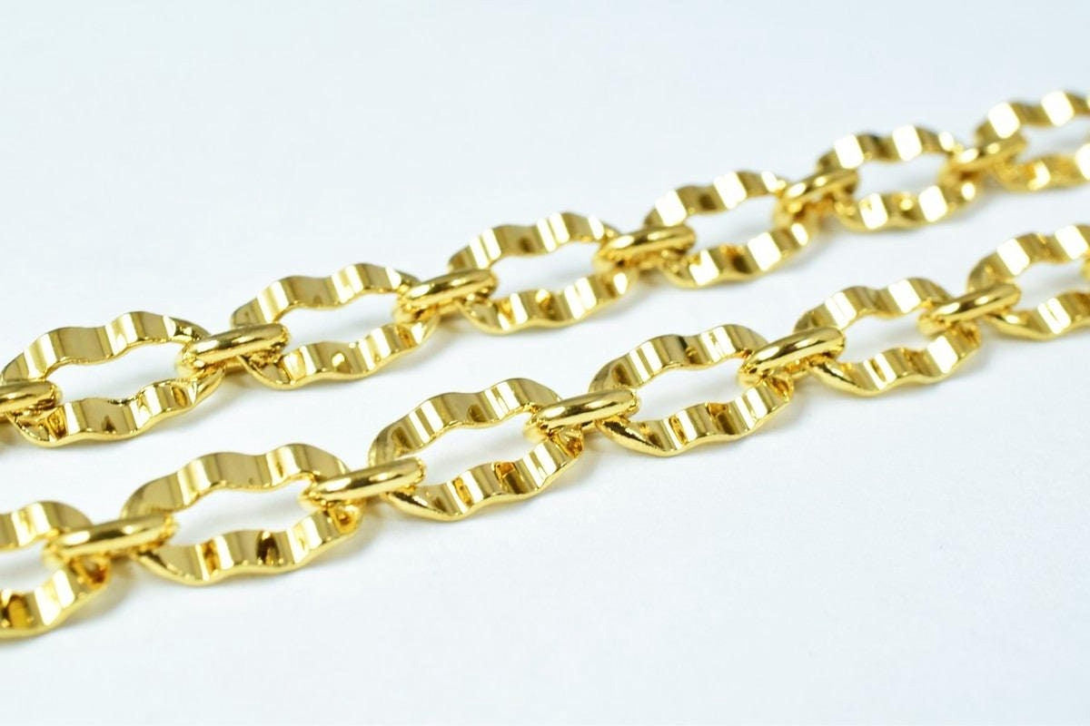 A close-up image of a gold chain with a repeating pattern of interlocking links.