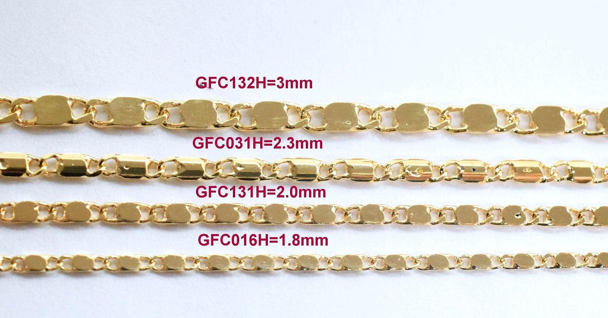 a collection of gold chain necklaces with varying sizes, ranging from 3mm to 1.8mm in length.