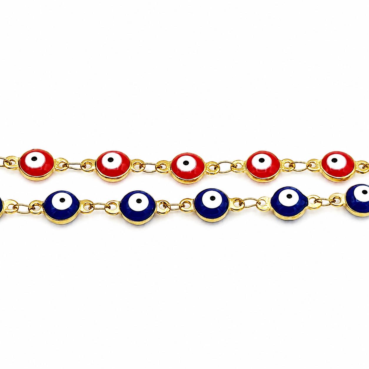 Red and blue evil eye charm chain with gold tone links