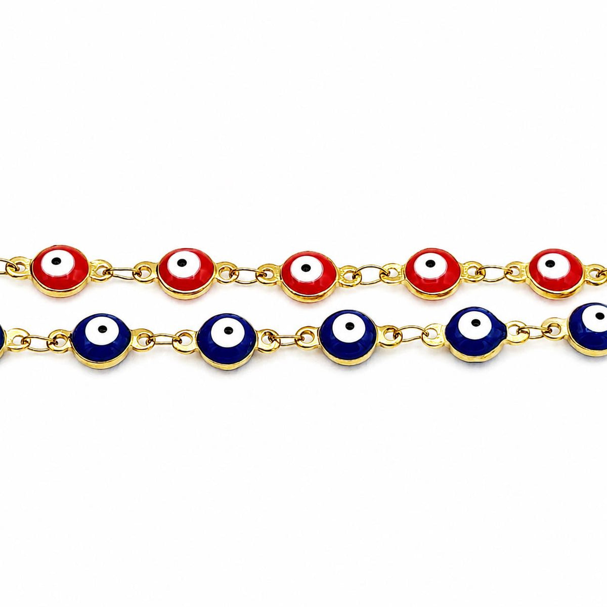 Red and blue evil eye charm chain with gold tone links