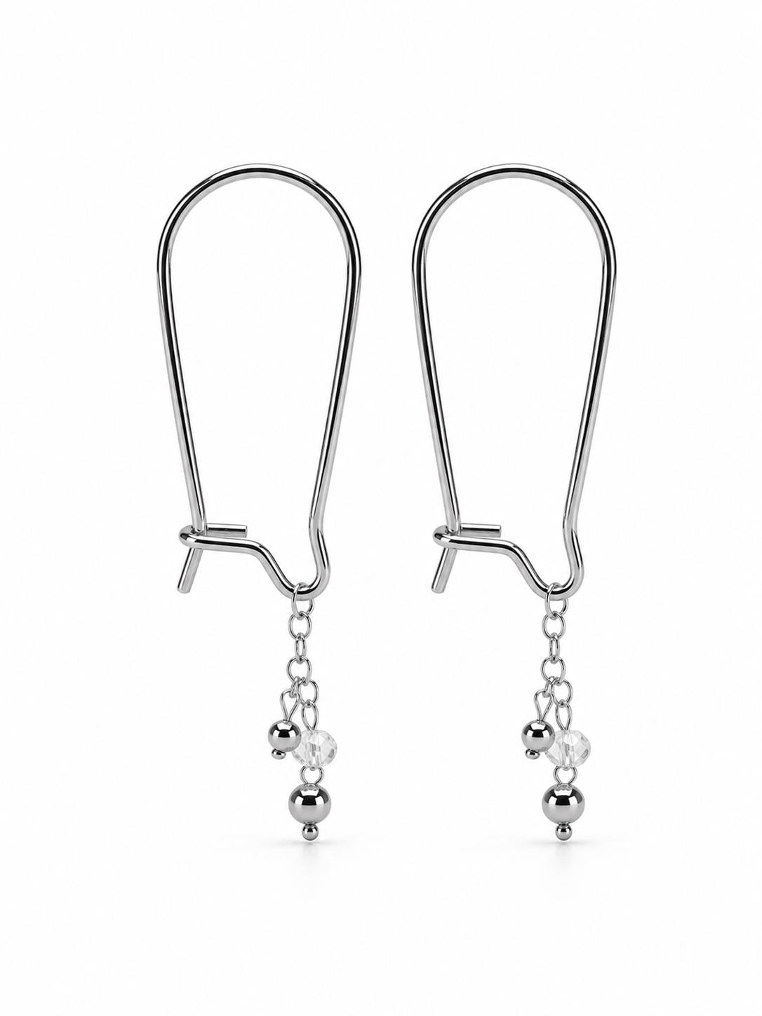 Close-up of a 25x12mm hypoallergenic stainless steel kidney earring hook, showing the fine wire and secure clasp mechanism."