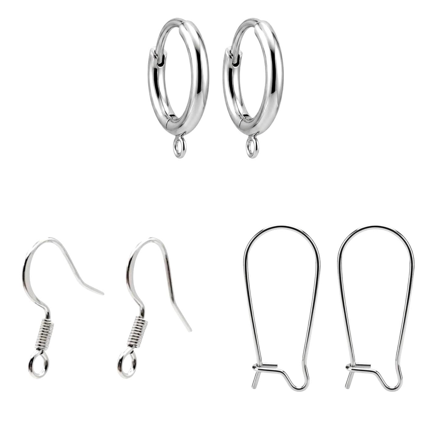 Three pairs of hypoallergenic silver stainless steel hoop huggie earrings with small attachment loops, displayed neatly on a white background.