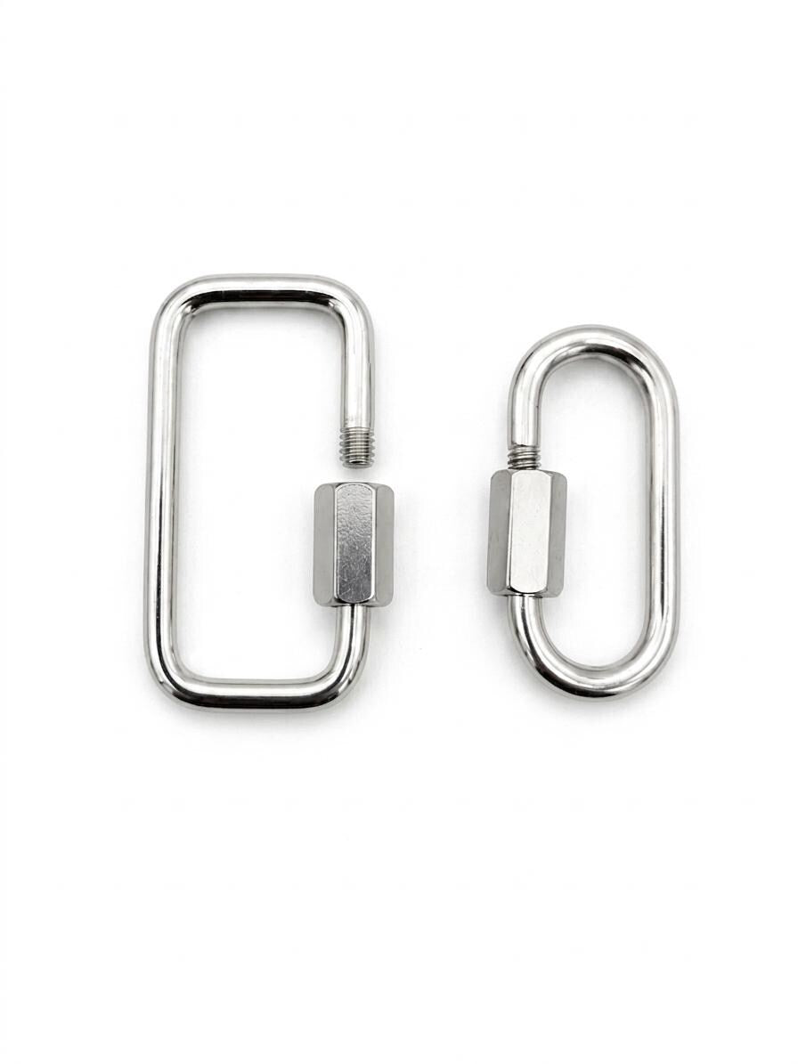 Two tarnish-resistant silver stainless steel screw lock clasps, one oval and one rectangle shape, displayed on a clean white background.