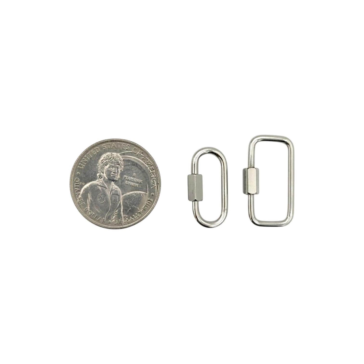 An oval and a rectangle stainless steel screw clasp positioned next to a US quarter coin to clearly demonstrate their physical size.